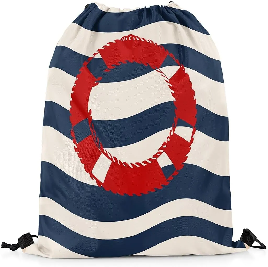 Manfei Swim Ring Drawstring Backpack,Nautical Theme Waterproof Drawstring Bags,Navy Blue Stripes Bags for Shopping Travelling,Lightweight