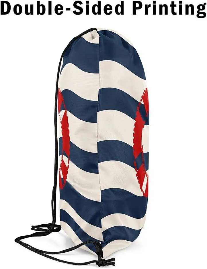 Manfei Swim Ring Drawstring Backpack,Nautical Theme Waterproof Drawstring Bags,Navy Blue Stripes Bags for Shopping Travelling,Lightweight