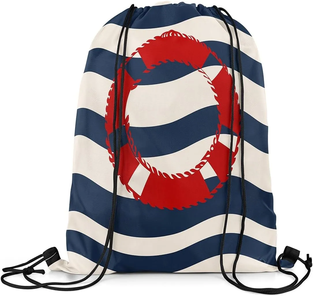 Manfei Swim Ring Drawstring Backpack,Nautical Theme Waterproof Drawstring Bags,Navy Blue Stripes Bags for Shopping Travelling,Lightweight