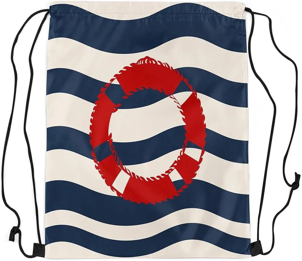 Manfei Swim Ring Drawstring Backpack,Nautical Theme Waterproof Drawstring Bags,Navy Blue Stripes Bags for Shopping Travelling,Lightweight