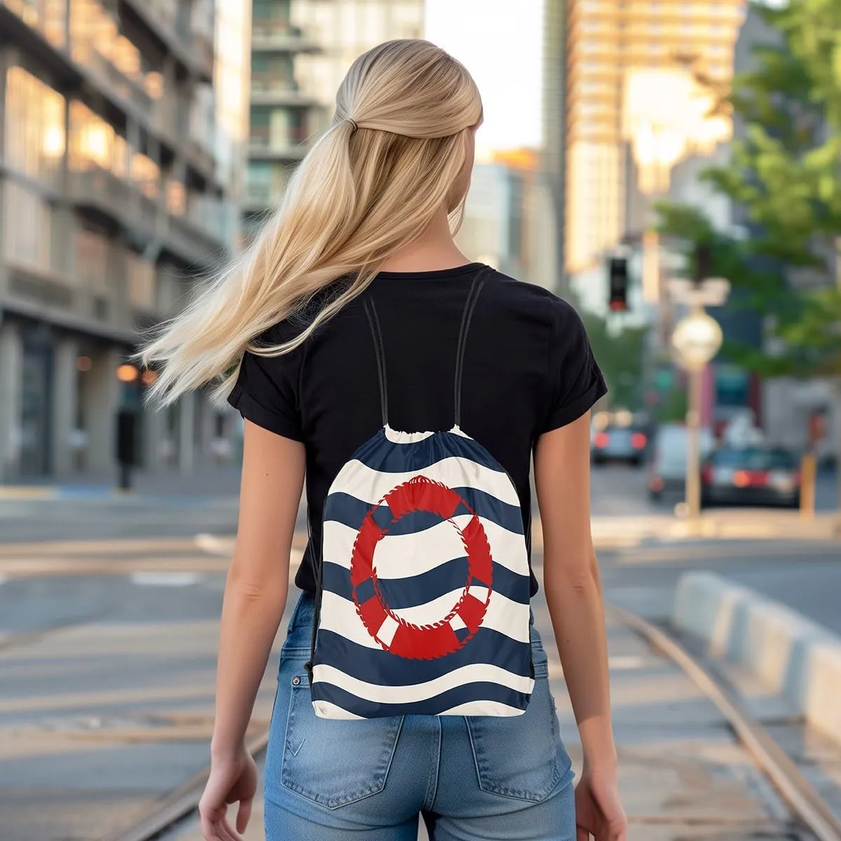 Manfei Swim Ring Drawstring Backpack,Nautical Theme Waterproof Drawstring Bags,Navy Blue Stripes Bags for Shopping Travelling,Lightweight