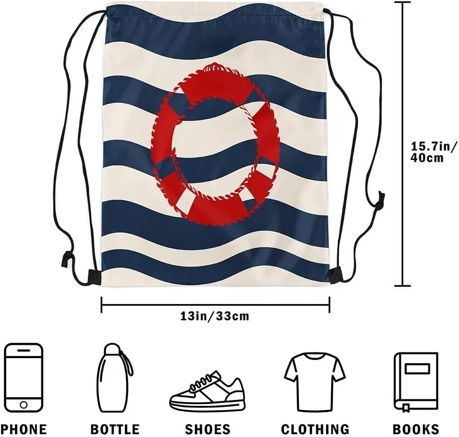 Manfei Swim Ring Drawstring Backpack,Nautical Theme Waterproof Drawstring Bags,Navy Blue Stripes Bags for Shopping Travelling,Lightweight
