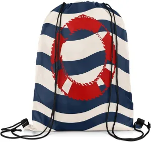 Manfei Swim Ring Drawstring Backpack,Nautical Theme Waterproof Drawstring Bags,Navy Blue Stripes Bags for Shopping Travelling,Lightweight