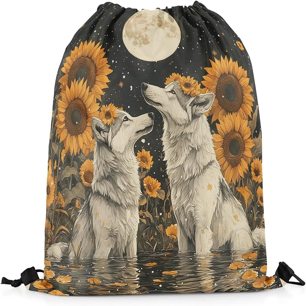 Manfei Wild Wolf Animal String Bag 16X13 Inch Watercolor Sunflower Star Moon Sports Backpack Birthday Gifts Lotus Leaf Lake Drawstring Bags for Women Gym Sport Yoga