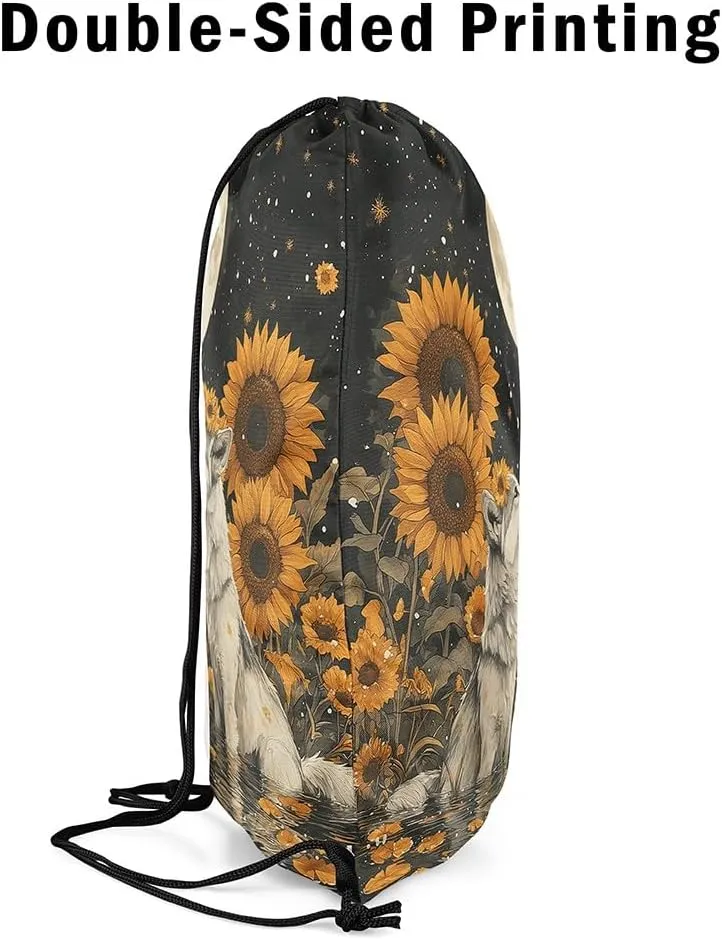 Manfei Wild Wolf Animal String Bag 16X13 Inch Watercolor Sunflower Star Moon Sports Backpack Birthday Gifts Lotus Leaf Lake Drawstring Bags for Women Gym Sport Yoga