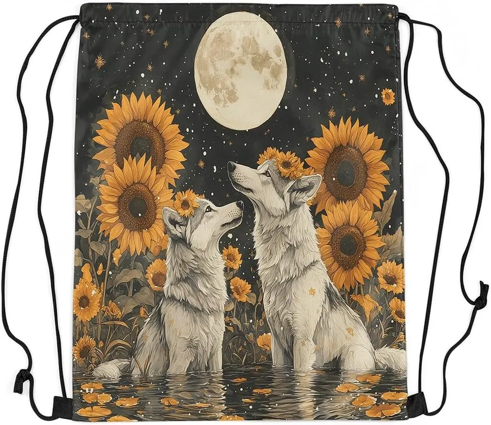 Manfei Wild Wolf Animal String Bag 16X13 Inch Watercolor Sunflower Star Moon Sports Backpack Birthday Gifts Lotus Leaf Lake Drawstring Bags for Women Gym Sport Yoga