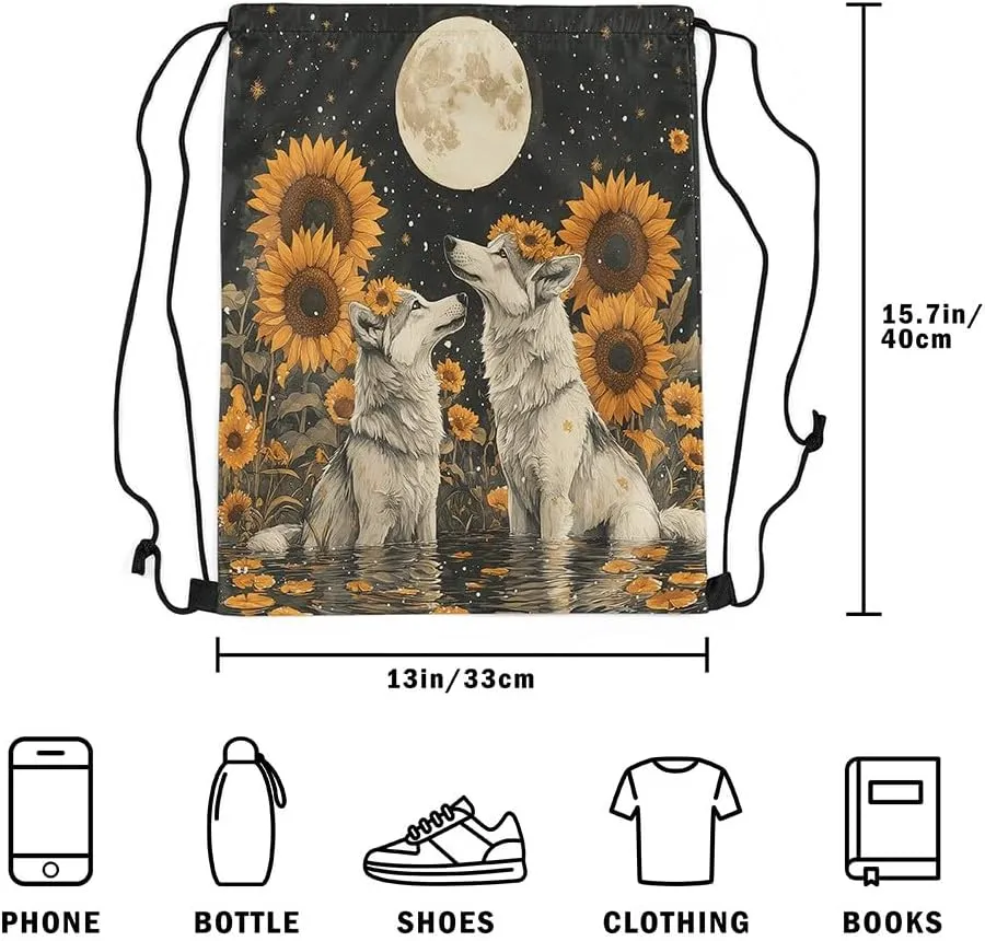 Manfei Wild Wolf Animal String Bag 16X13 Inch Watercolor Sunflower Star Moon Sports Backpack Birthday Gifts Lotus Leaf Lake Drawstring Bags for Women Gym Sport Yoga