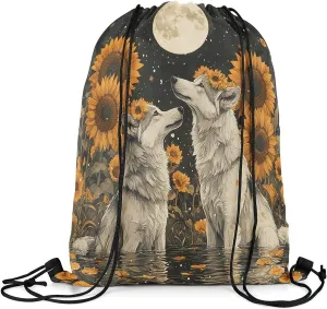 Manfei Wild Wolf Animal String Bag 16X13 Inch Watercolor Sunflower Star Moon Sports Backpack Birthday Gifts Lotus Leaf Lake Drawstring Bags for Women Gym Sport Yoga