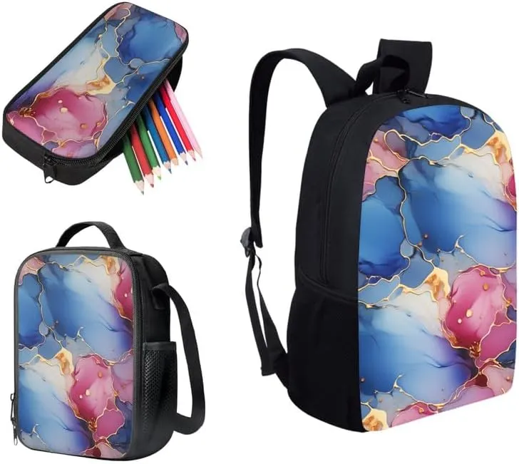 Marbling Texture Fluid Art Boys Kids Teens Backpack Set Liquid Marble Skin 3 Pcs Bags with Lunch Box and Pencil Case for School Sport Travel