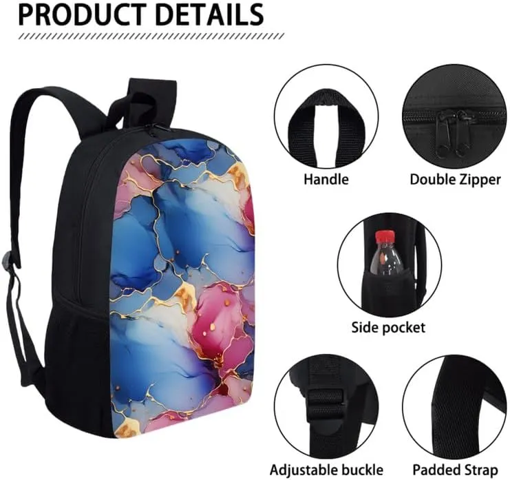 Marbling Texture Fluid Art Boys Kids Teens Backpack Set Liquid Marble Skin 3 Pcs Bags with Lunch Box and Pencil Case for School Sport Travel