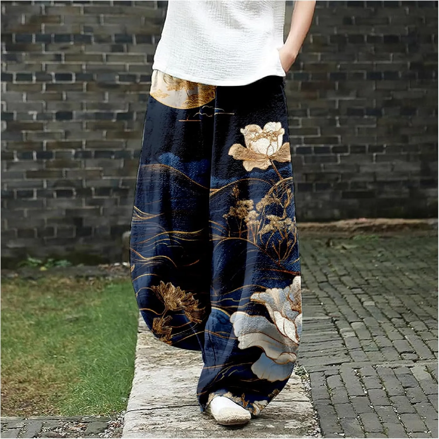 MARSVOVO Baggy Sweatpants for Women Harem Wide Leg Pants Woman Landscape Oil Painting Print Casual Pants with Pockets