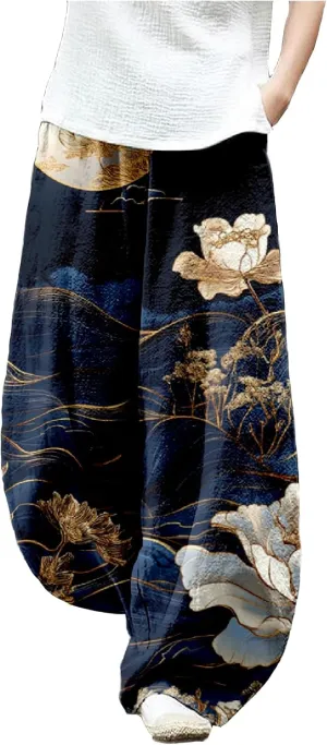MARSVOVO Baggy Sweatpants for Women Harem Wide Leg Pants Woman Landscape Oil Painting Print Casual Pants with Pockets