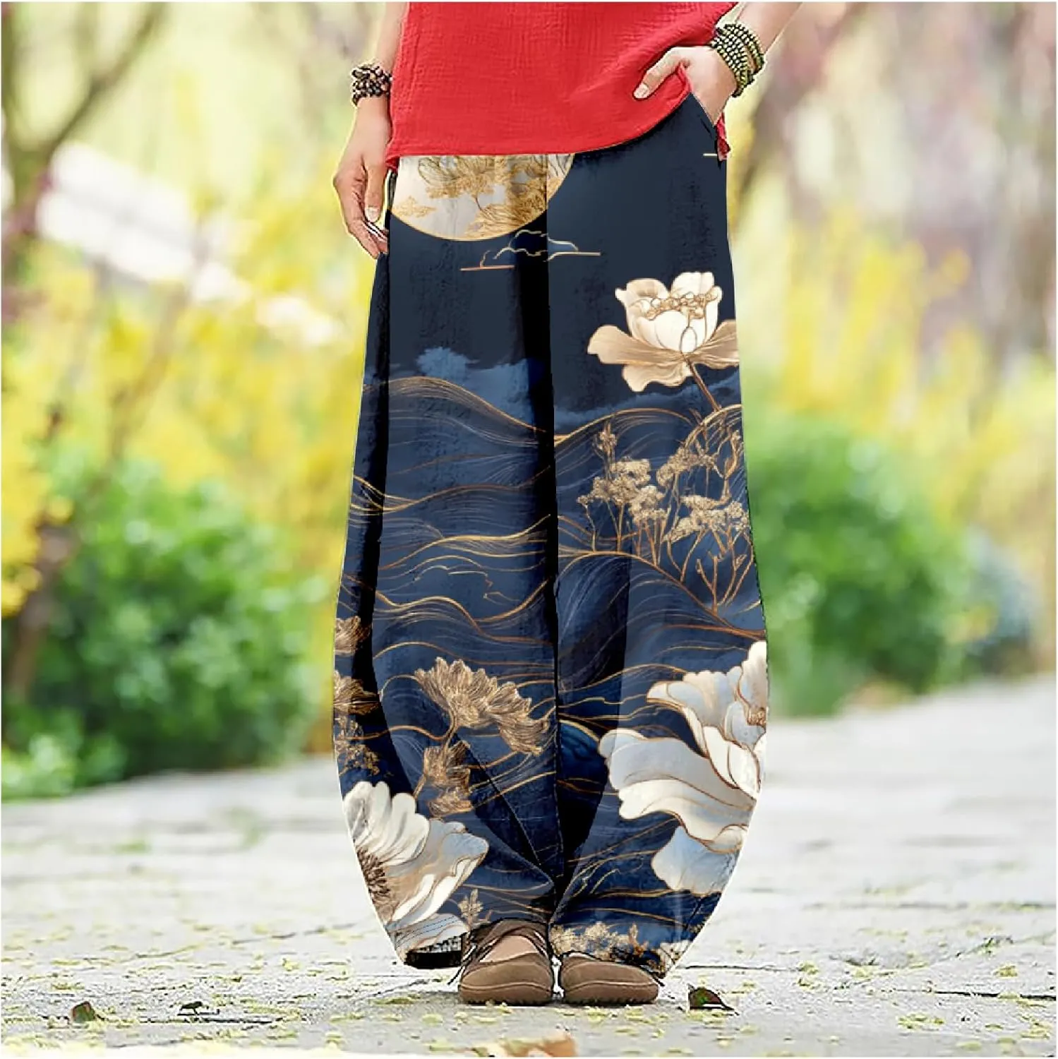 MARSVOVO Baggy Sweatpants for Women Harem Wide Leg Pants Woman Landscape Oil Painting Print Casual Pants with Pockets