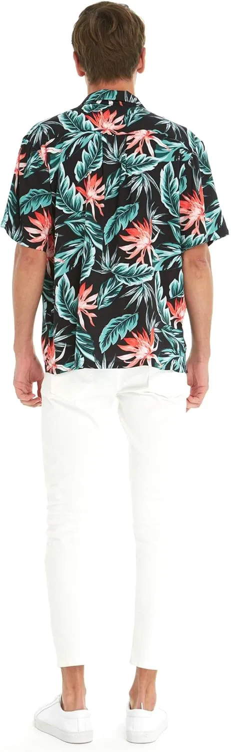 Matchable Couple Hawaiian Luau Shirt or Off-Shoulder Ruffle Muumuu Top in Blooming Lily Black