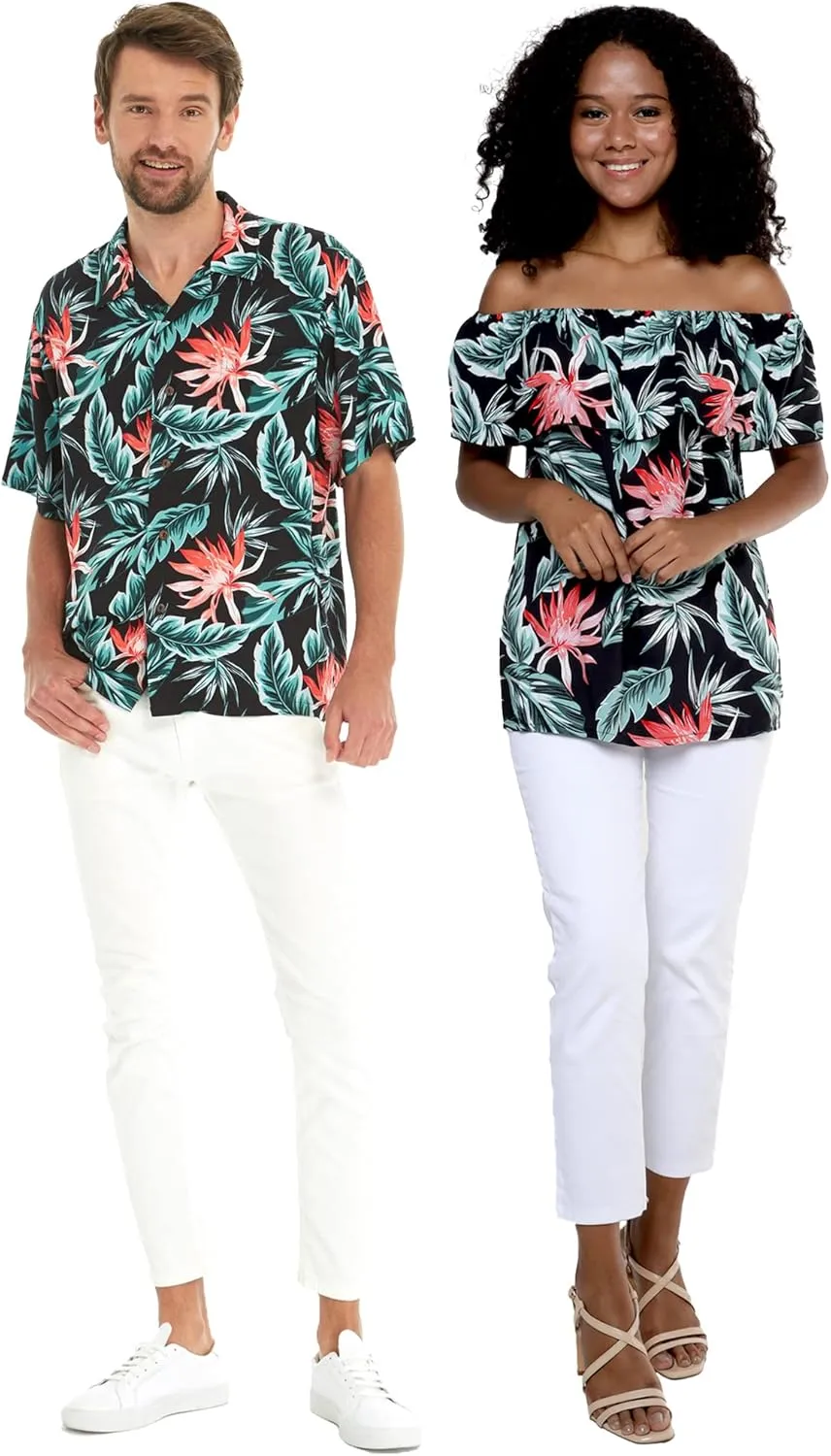 Matchable Couple Hawaiian Luau Shirt or Off-Shoulder Ruffle Muumuu Top in Blooming Lily Black