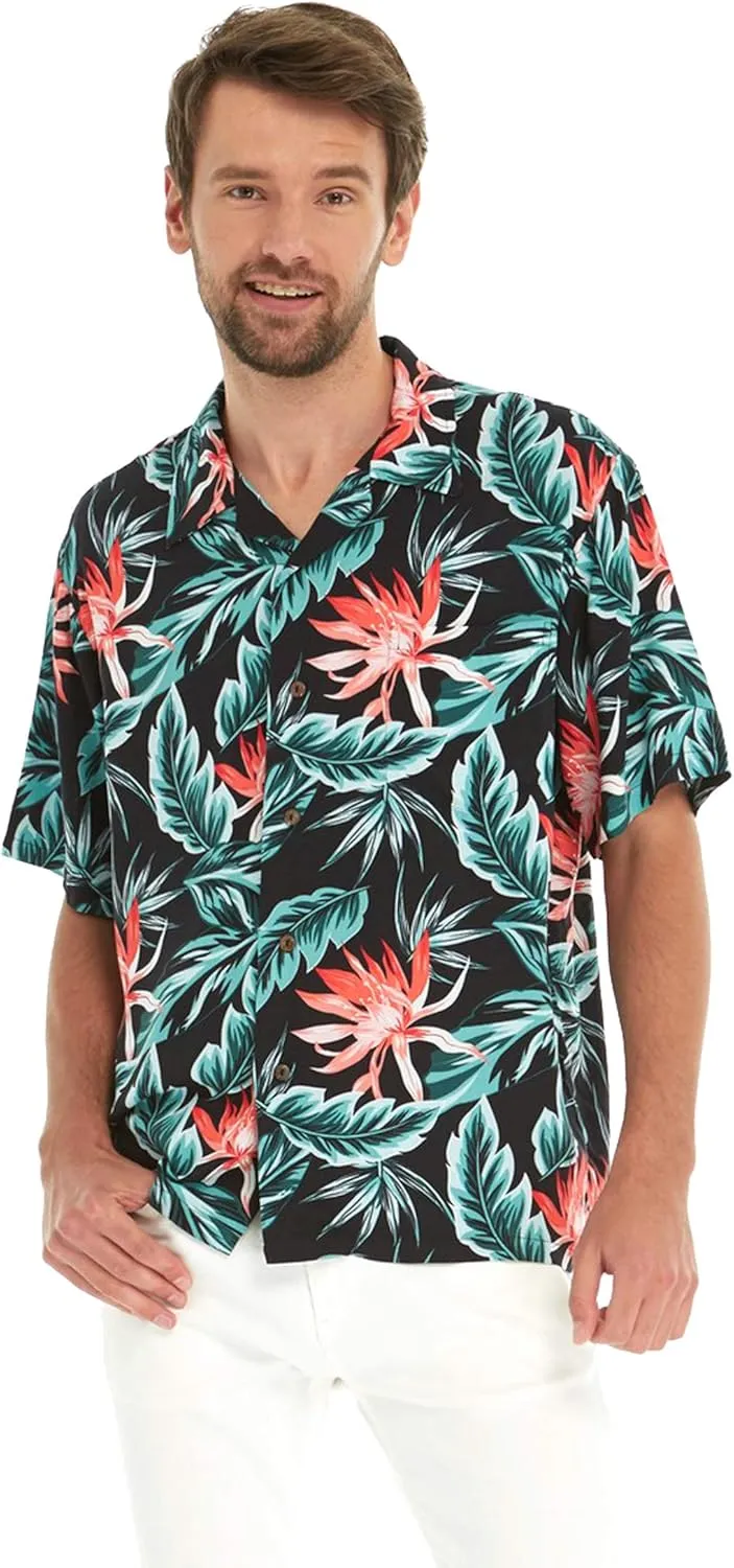 Matchable Couple Hawaiian Luau Shirt or Off-Shoulder Ruffle Muumuu Top in Blooming Lily Black