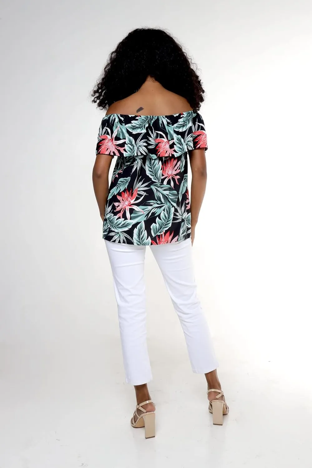 Matchable Couple Hawaiian Luau Shirt or Off-Shoulder Ruffle Muumuu Top in Blooming Lily Black