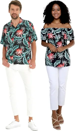 Matchable Couple Hawaiian Luau Shirt or Off-Shoulder Ruffle Muumuu Top in Blooming Lily Black