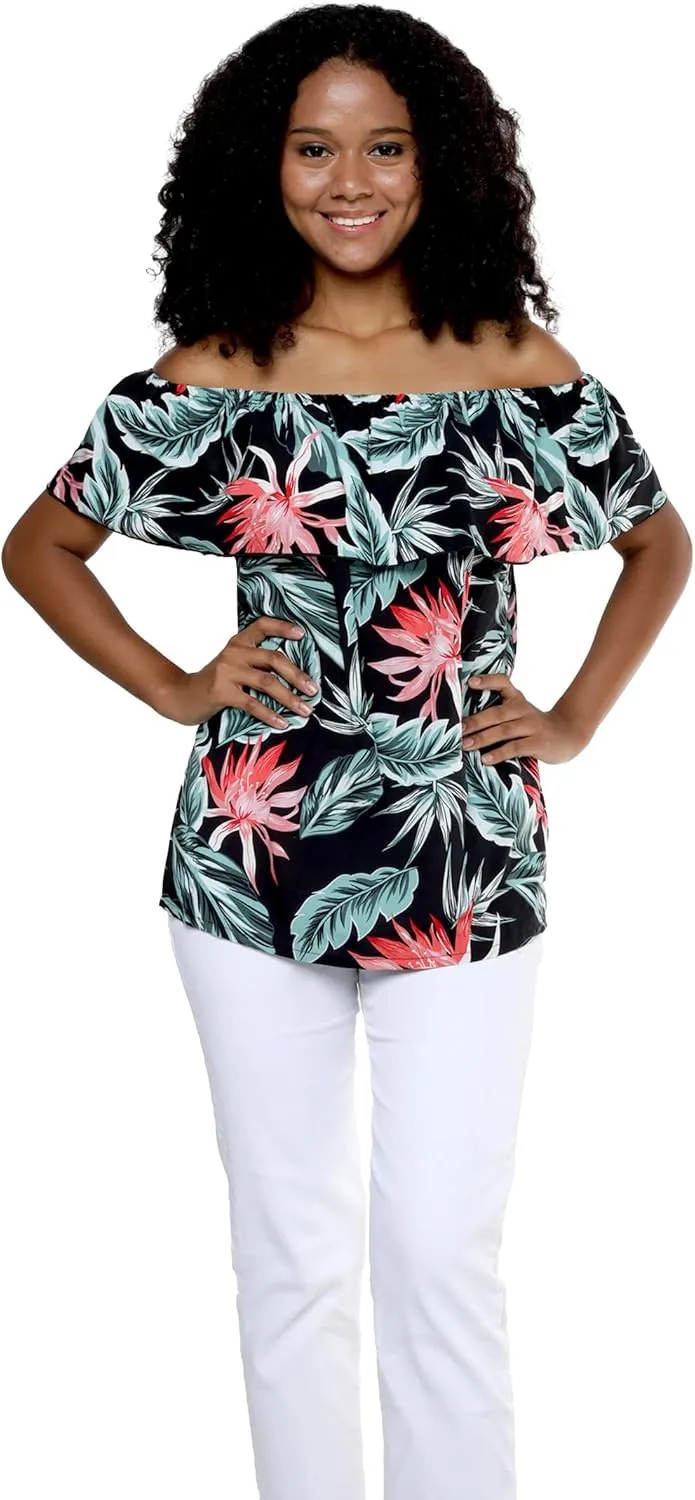 Matchable Couple Hawaiian Luau Shirt or Off-Shoulder Ruffle Muumuu Top in Blooming Lily Black