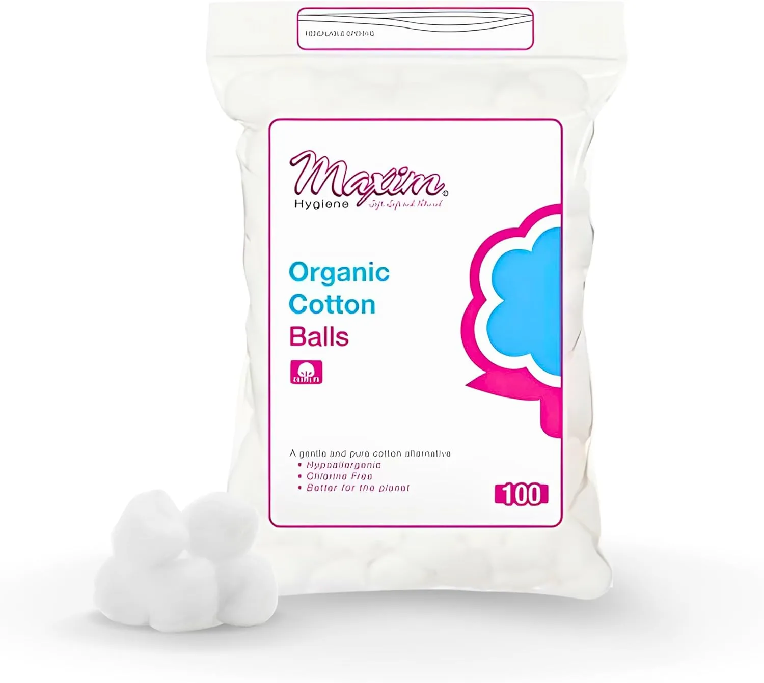 Maxim® 100% Certified Organic, Biodegradable. Hypoallergenic Cotton Balls, Easy Drawstring Closure Packaging, No GMO, Cruelty Free, 300 Count, 3 Packs