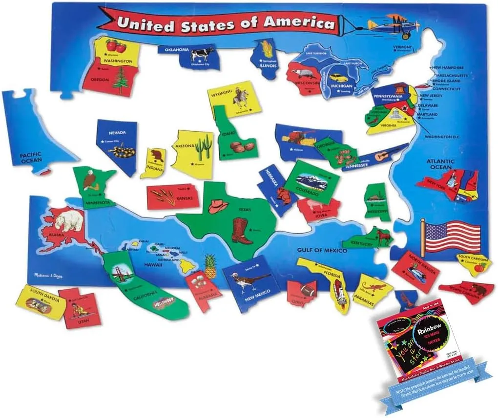Melissa & Doug U.S.A. Map (51pcs): Floor Puzzle Bundle with 1 Theme Compatible M&D Scratch Fun Mini-Pad (00440)