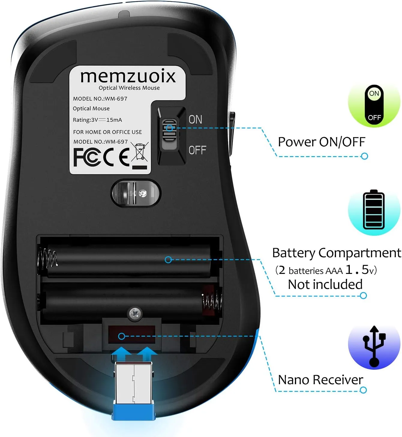 memzuoix 2.4G Portable Wireless Mouse, 1200 DPI Mobile Optical Cordless Mice with USB Receiver for Computer, Laptop, PC, Desktop, MacBook, 5 Buttons, Blue