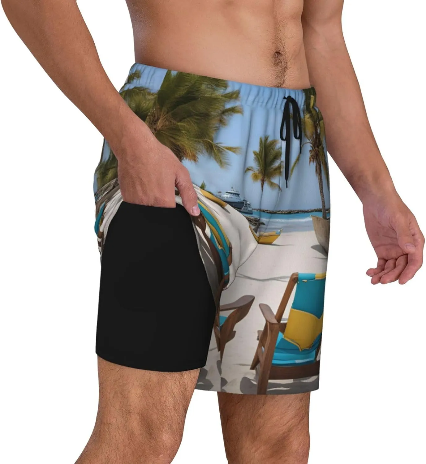 Mens Beach Palm Tree Chairs Boats Print Hawaiian Swim Trunks Quick Dry Beach Shorts with Pockets and Mesh Lining
