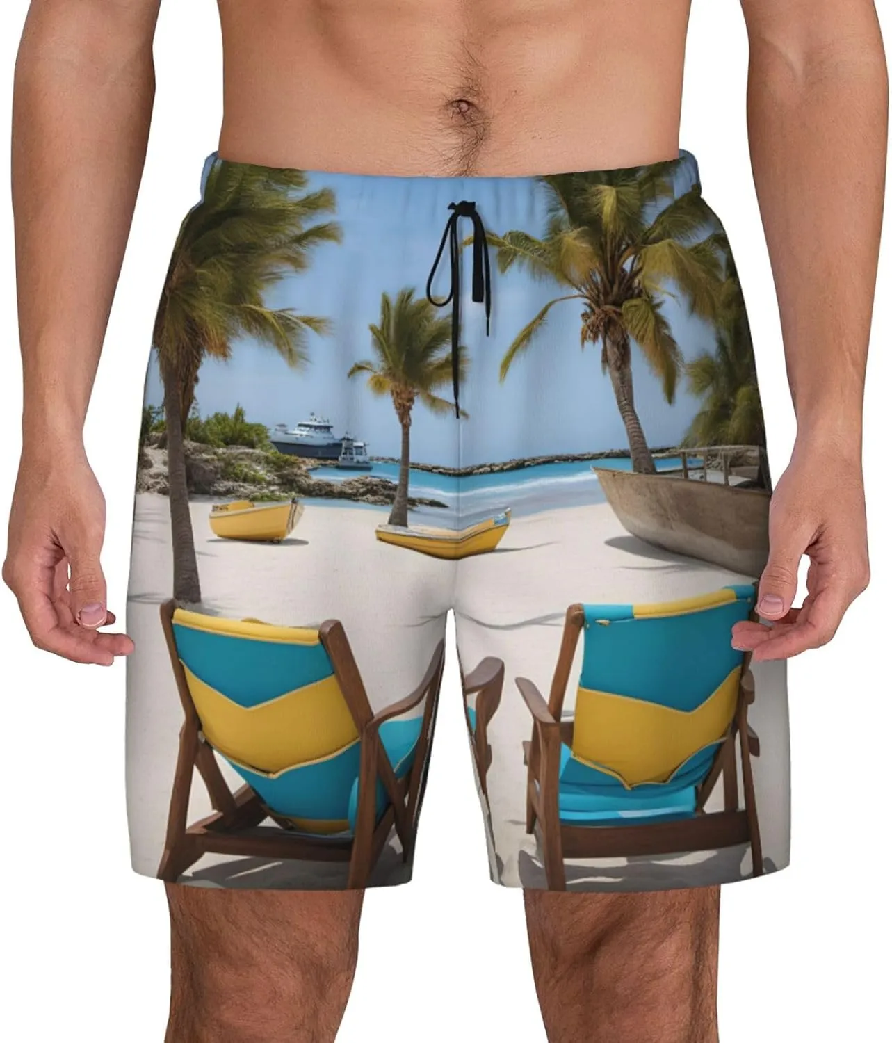 Mens Beach Palm Tree Chairs Boats Print Hawaiian Swim Trunks Quick Dry Beach Shorts with Pockets and Mesh Lining