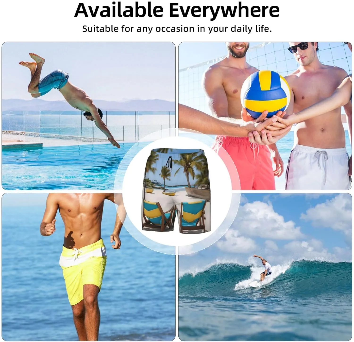 Mens Beach Palm Tree Chairs Boats Print Hawaiian Swim Trunks Quick Dry Beach Shorts with Pockets and Mesh Lining