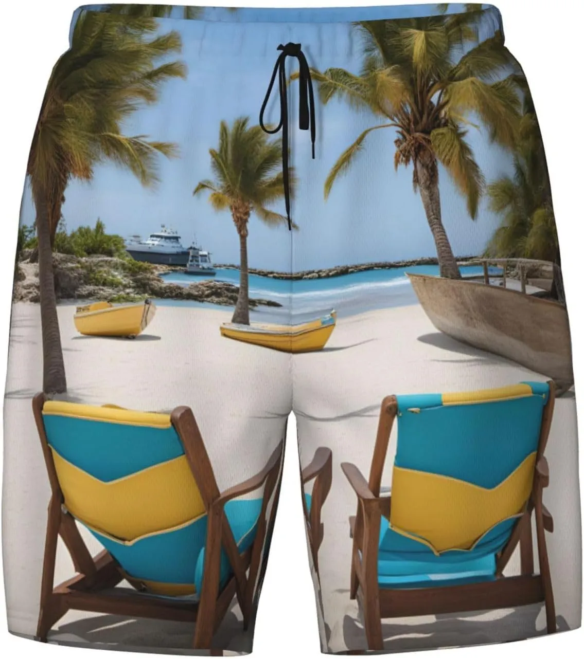 Mens Beach Palm Tree Chairs Boats Print Hawaiian Swim Trunks Quick Dry Beach Shorts with Pockets and Mesh Lining