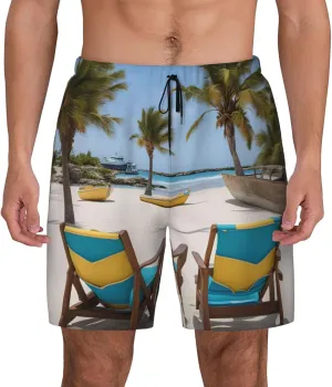 Mens Beach Palm Tree Chairs Boats Print Hawaiian Swim Trunks Quick Dry Beach Shorts with Pockets and Mesh Lining