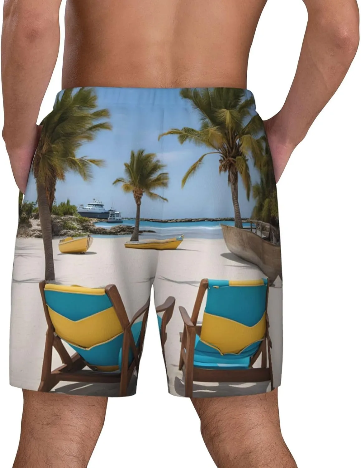 Mens Beach Palm Tree Chairs Boats Print Hawaiian Swim Trunks Quick Dry Beach Shorts with Pockets and Mesh Lining