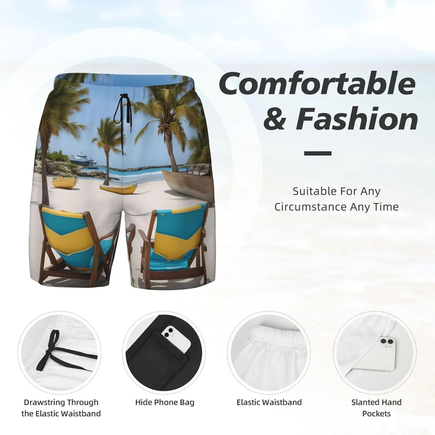 Mens Beach Palm Tree Chairs Boats Print Hawaiian Swim Trunks Quick Dry Beach Shorts with Pockets and Mesh Lining