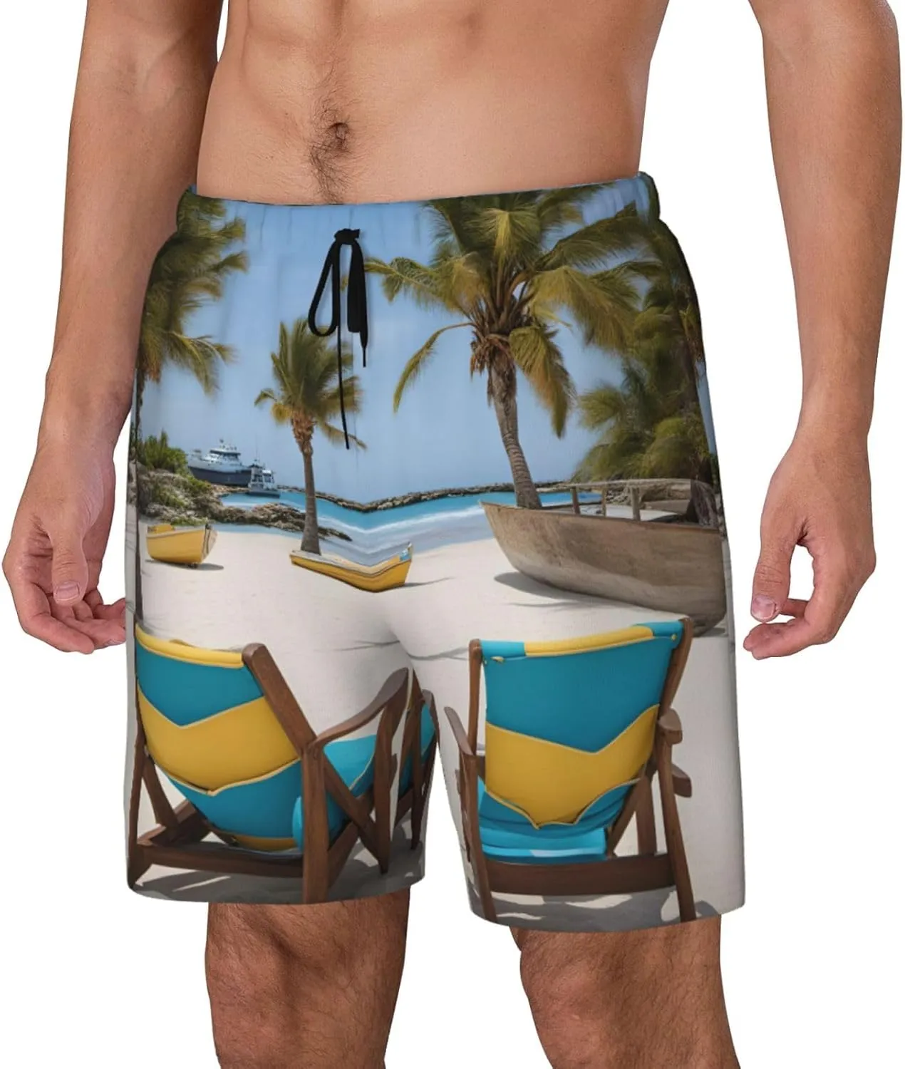 Mens Beach Palm Tree Chairs Boats Print Hawaiian Swim Trunks Quick Dry Beach Shorts with Pockets and Mesh Lining