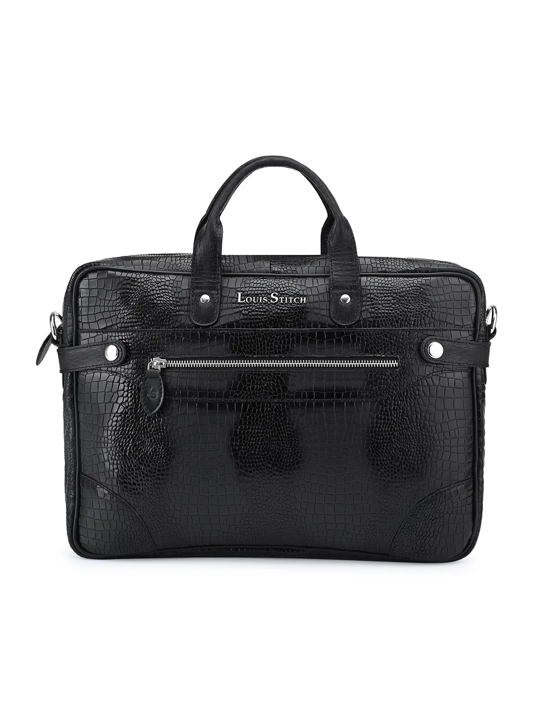 Men's Black Italian Leather Dual Tone Laptop Bag with Shoulder Strap