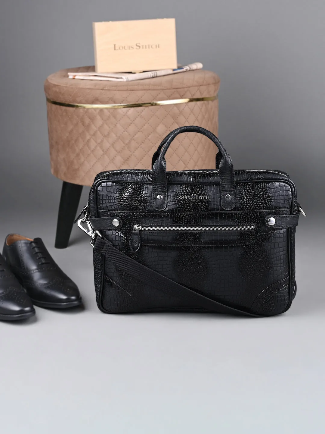 Men's Black Italian Leather Dual Tone Laptop Bag with Shoulder Strap