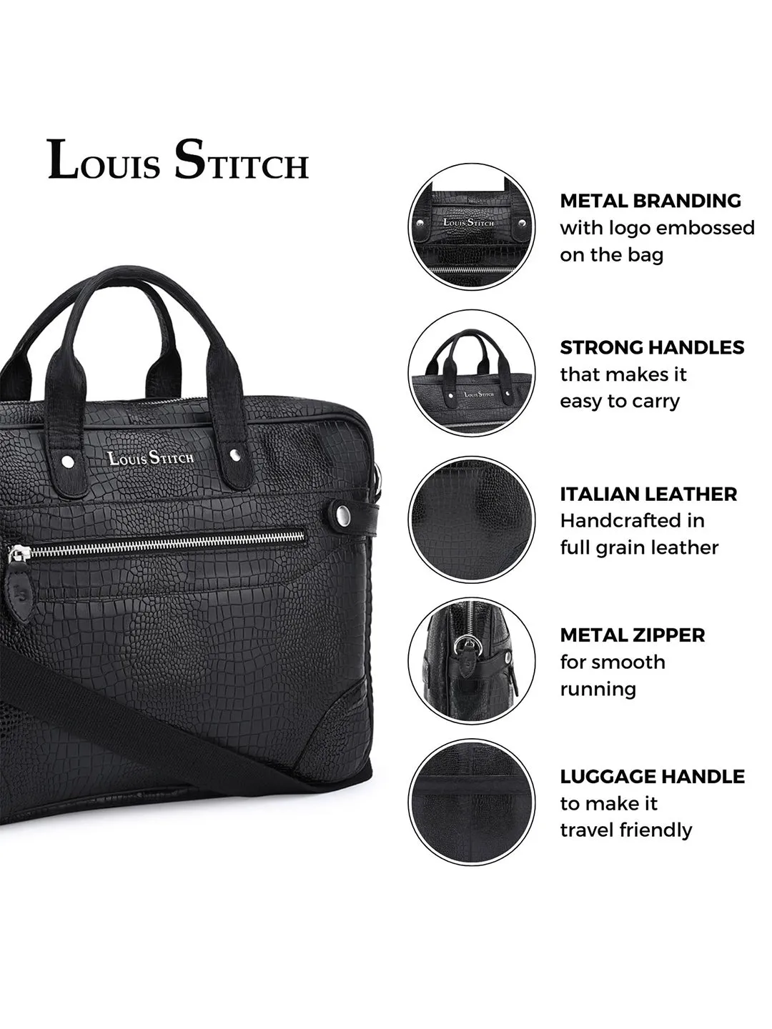 Men's Black Italian Leather Dual Tone Laptop Bag with Shoulder Strap