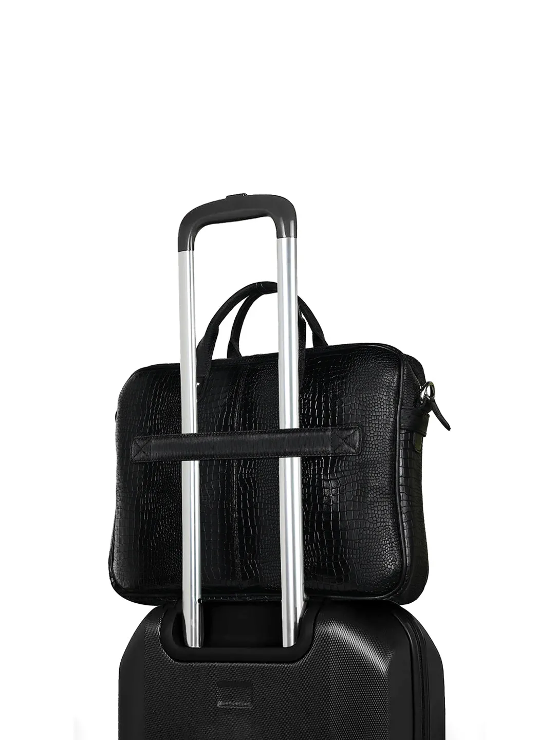 Men's Black Italian Leather Dual Tone Laptop Bag with Shoulder Strap