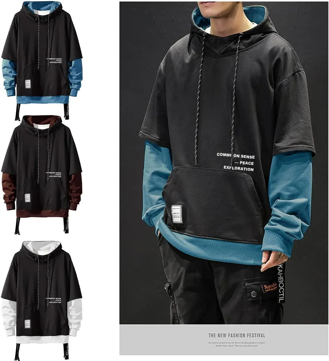 Mens Colorblock Pullover Casual Hoodie Hip Hop Tops Unisex Hooded Sweatshirt with Design