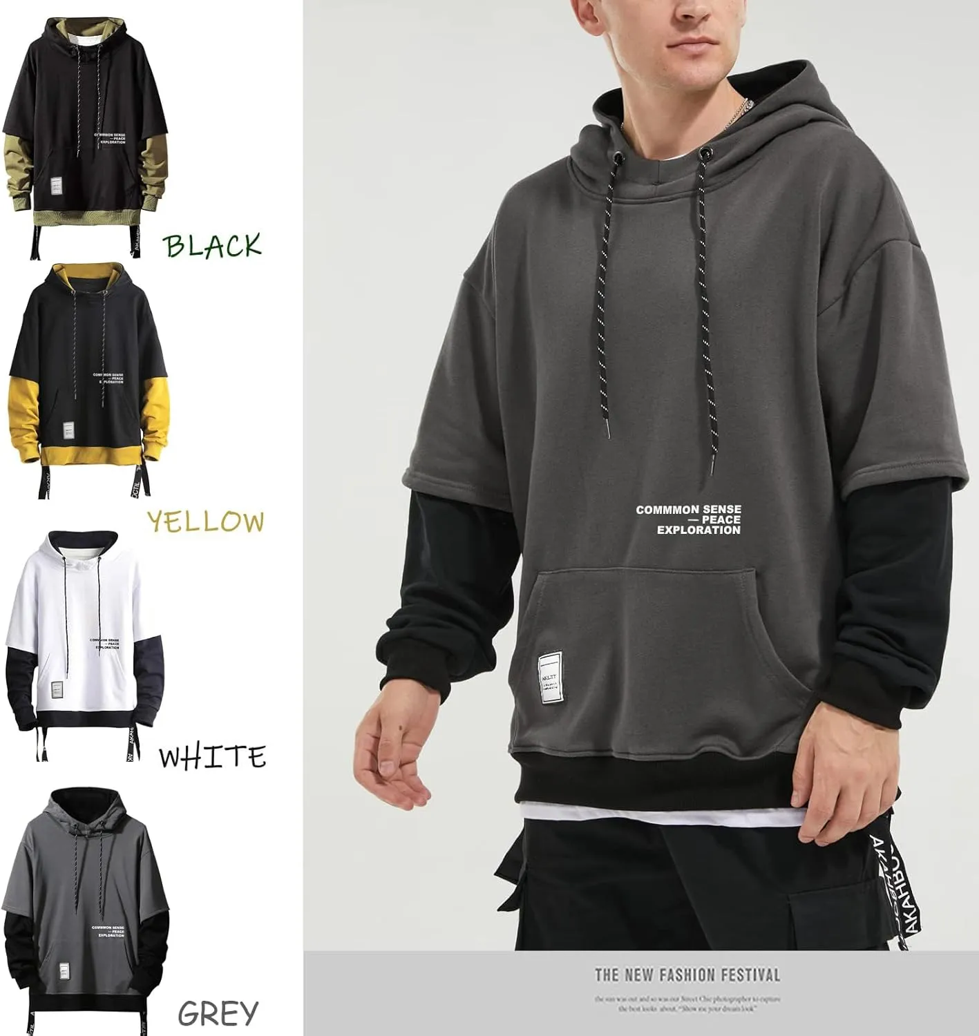 Mens Colorblock Pullover Casual Hoodie Hip Hop Tops Unisex Hooded Sweatshirt with Design