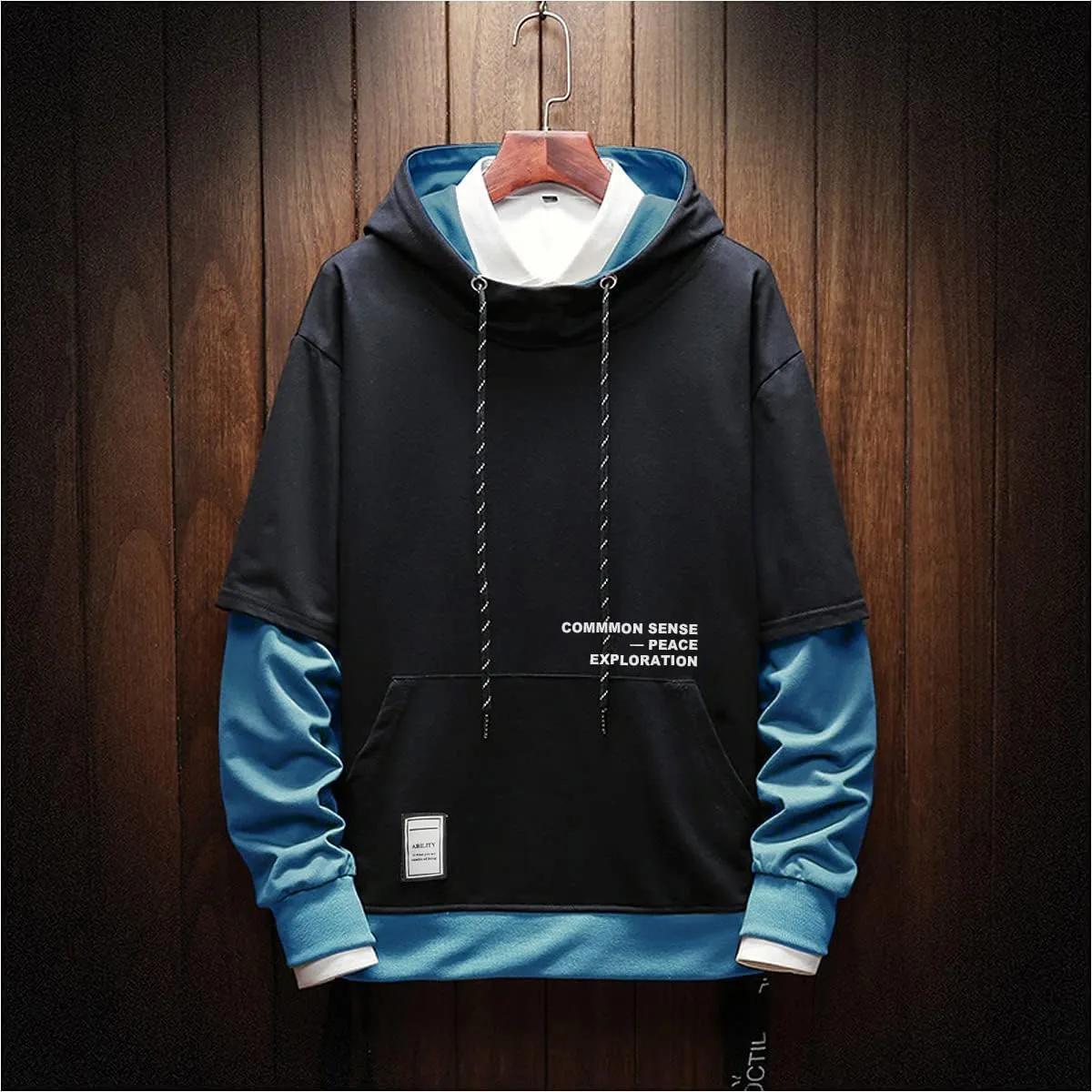Mens Colorblock Pullover Casual Hoodie Hip Hop Tops Unisex Hooded Sweatshirt with Design