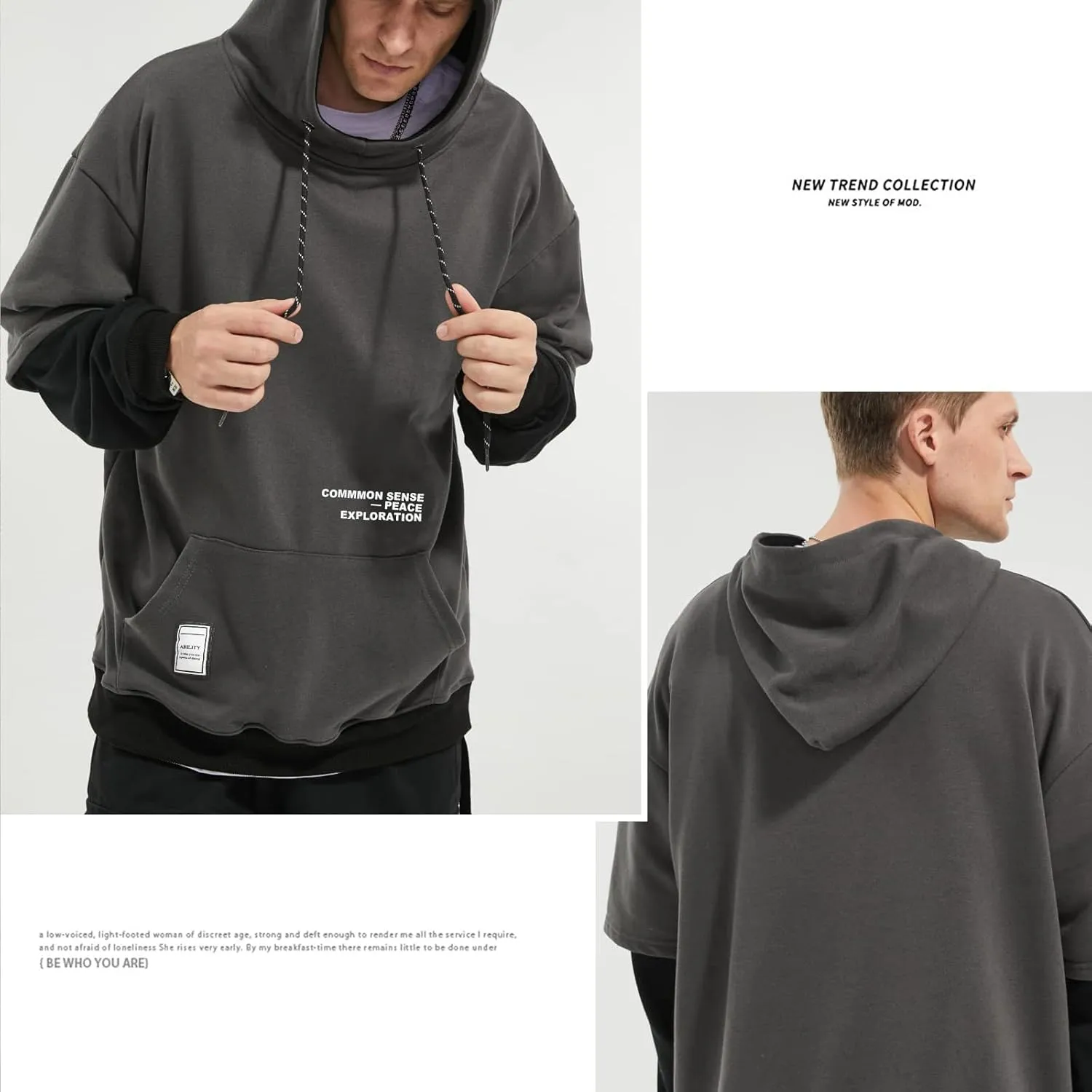 Mens Colorblock Pullover Casual Hoodie Hip Hop Tops Unisex Hooded Sweatshirt with Design