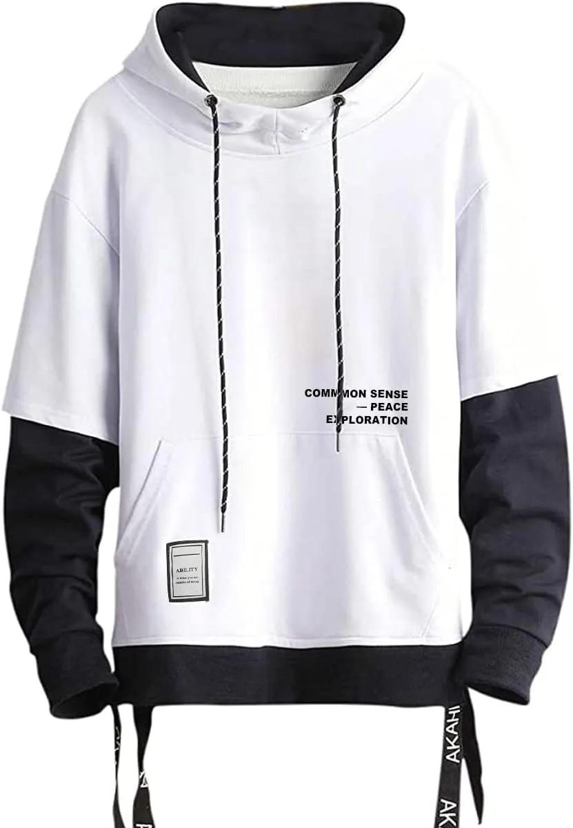 Mens Colorblock Pullover Casual Hoodie Hip Hop Tops Unisex Hooded Sweatshirt with Design