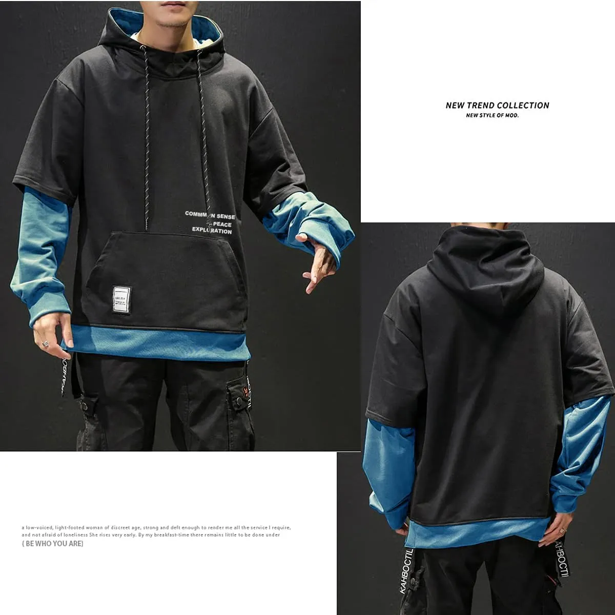 Mens Colorblock Pullover Casual Hoodie Hip Hop Tops Unisex Hooded Sweatshirt with Design