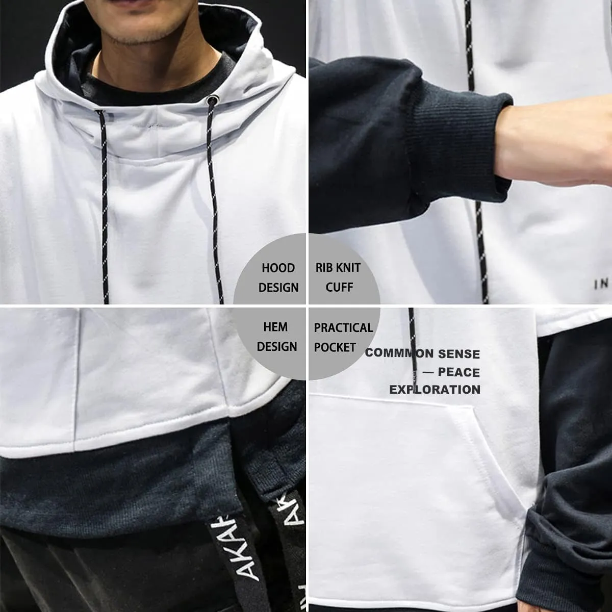 Mens Colorblock Pullover Casual Hoodie Hip Hop Tops Unisex Hooded Sweatshirt with Design