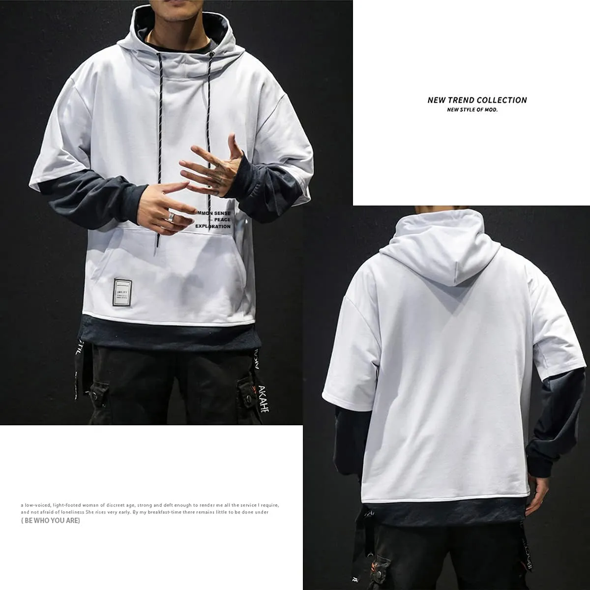 Mens Colorblock Pullover Casual Hoodie Hip Hop Tops Unisex Hooded Sweatshirt with Design