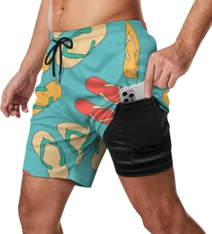 Men's Swim Trunks Colorful Slippers Board Shorts with Compression Liner Quick Dry with 4 Pockets