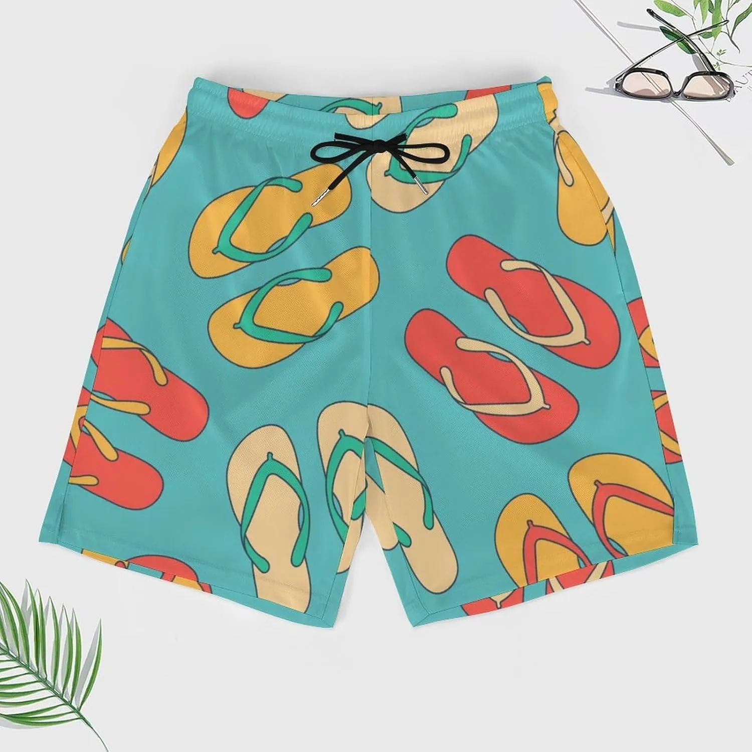 Men's Swim Trunks Colorful Slippers Board Shorts with Compression Liner Quick Dry with 4 Pockets