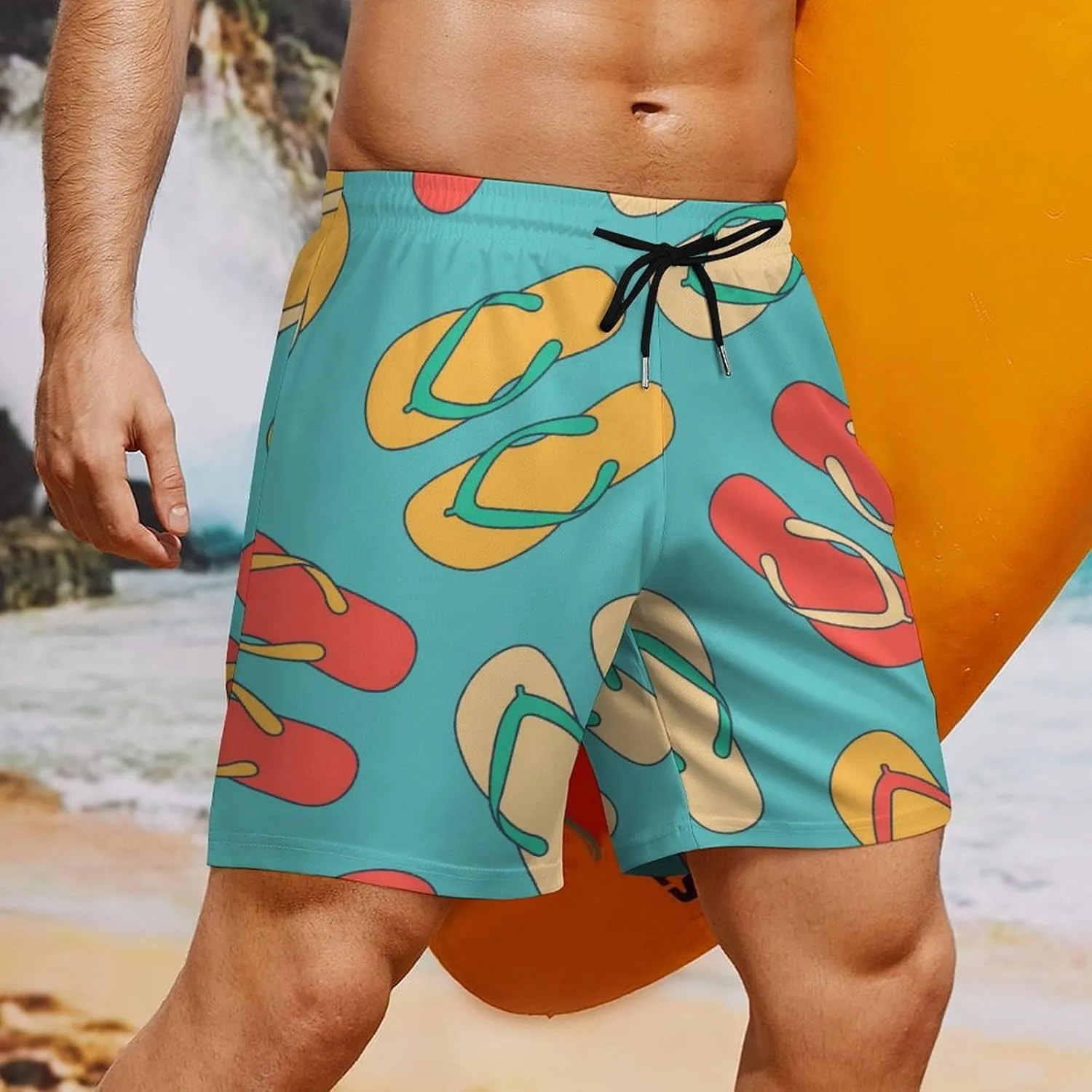 Men's Swim Trunks Colorful Slippers Board Shorts with Compression Liner Quick Dry with 4 Pockets