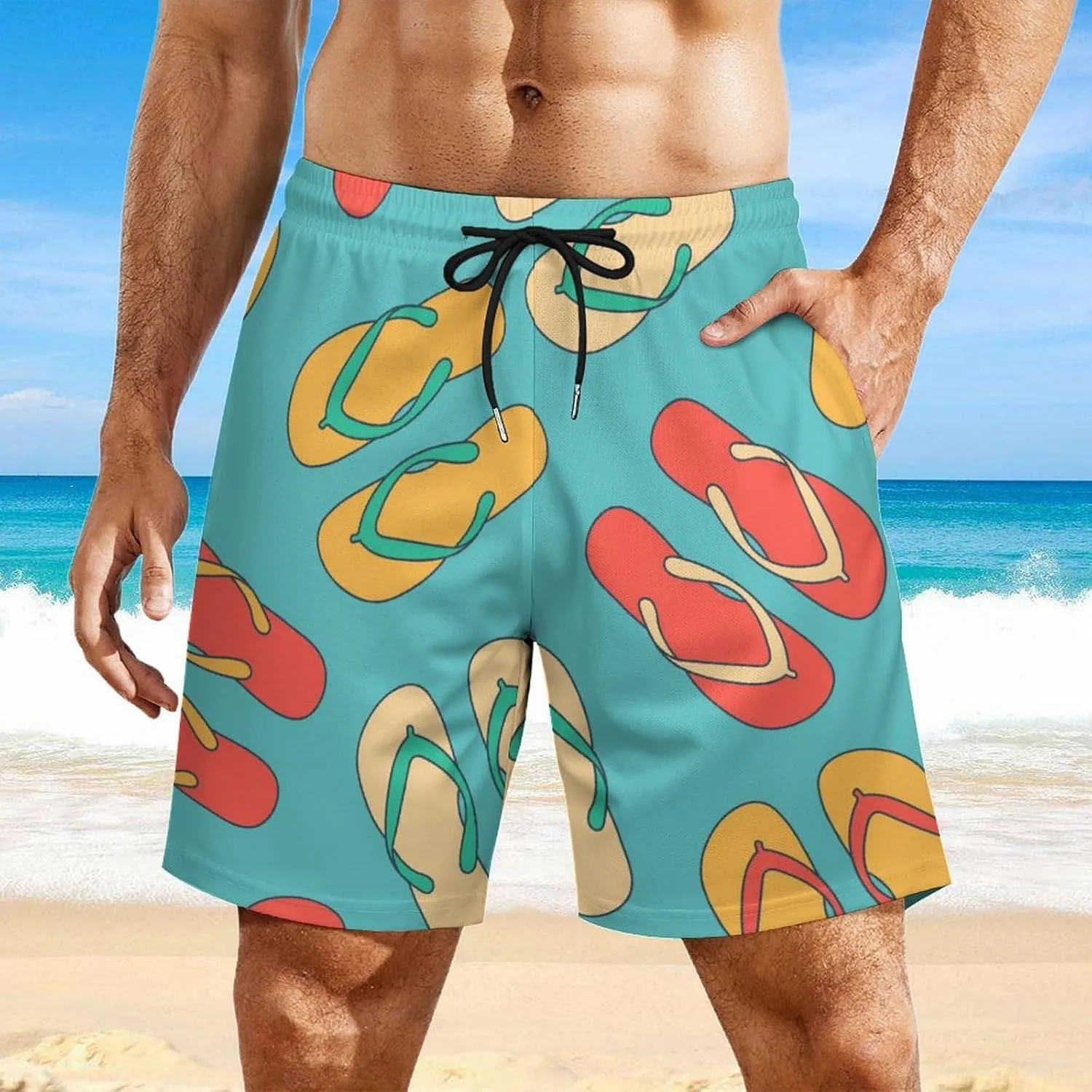 Men's Swim Trunks Colorful Slippers Board Shorts with Compression Liner Quick Dry with 4 Pockets